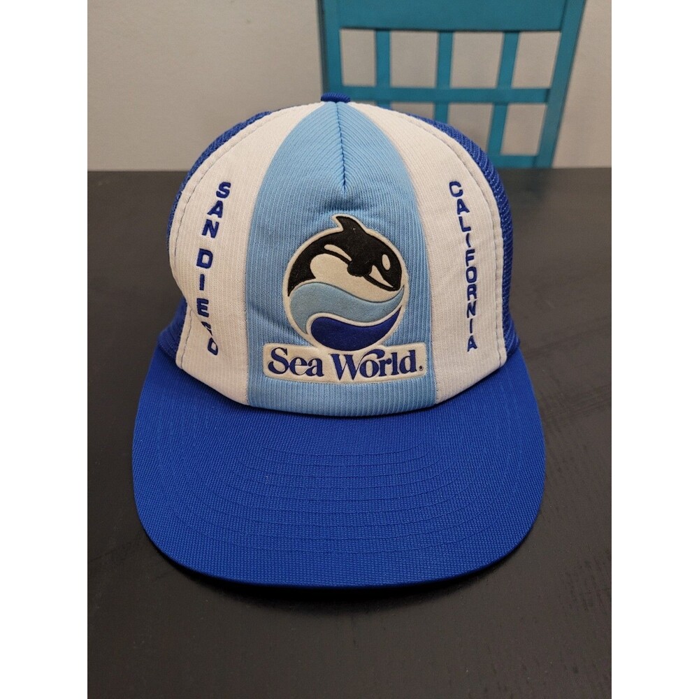 VTG Sea World San Diego Trucker Cap 1990 Mesh Snapback Hat - Orca Logo BLUE